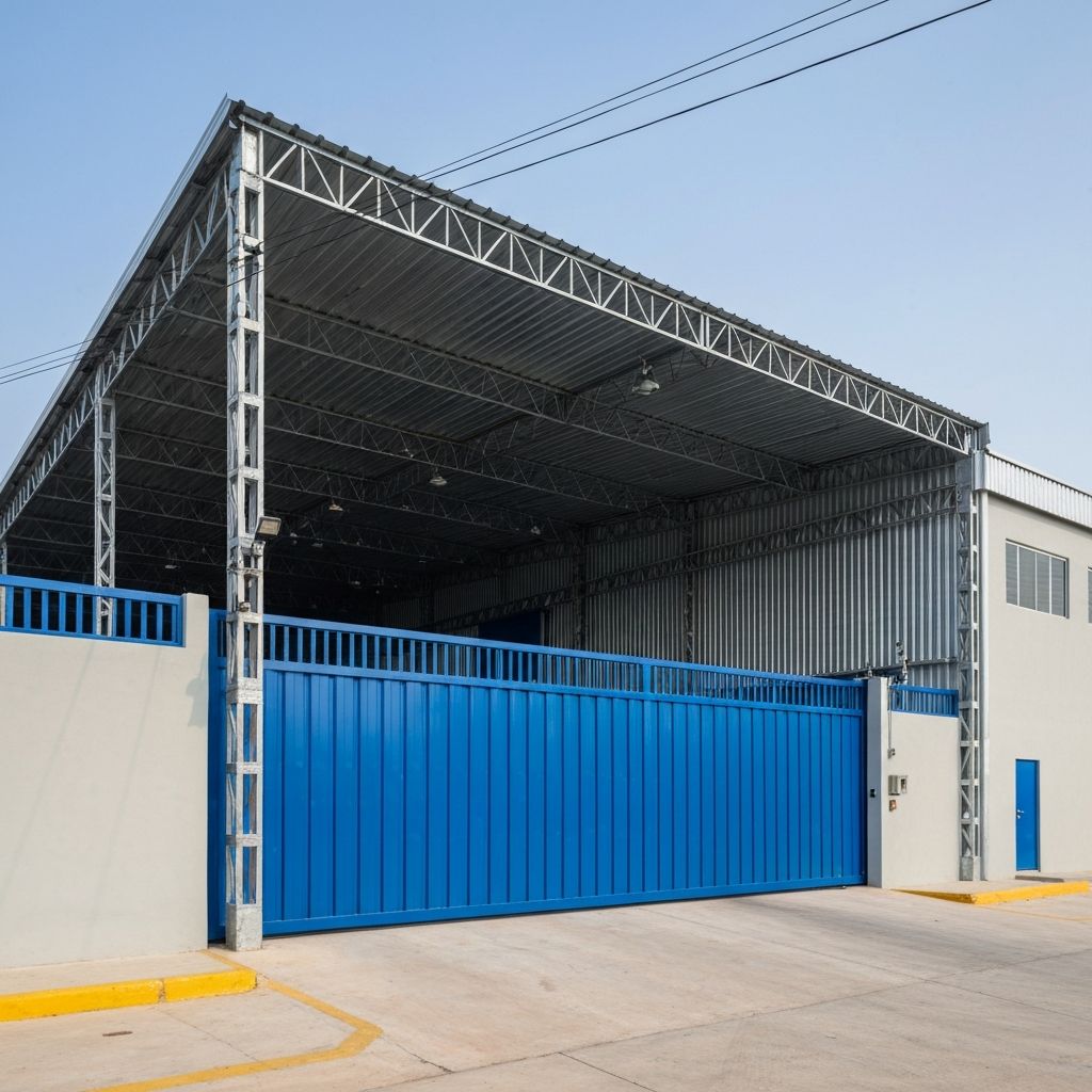 Galpão industrial médio no Brasil com estrutura metálica moderna e portões azuis