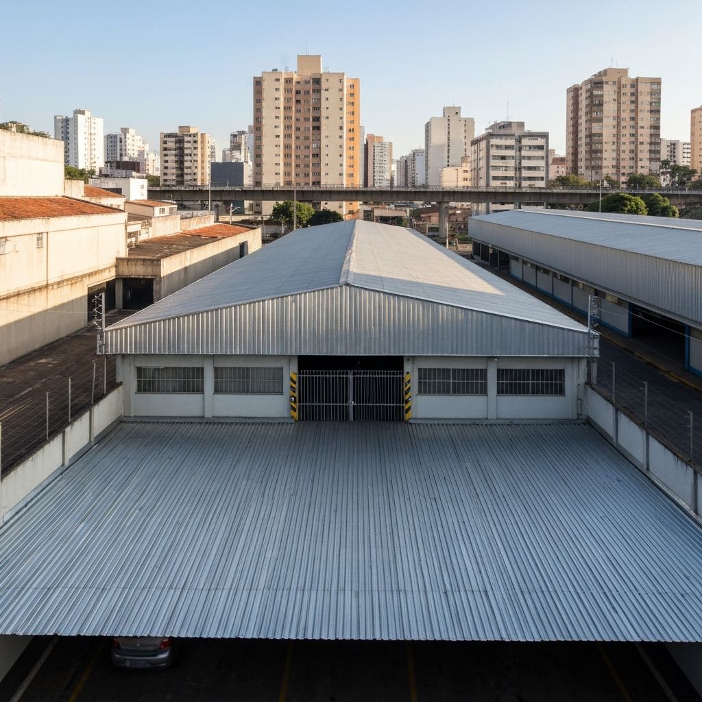 Galpão comercial com fachada simples e telhado metálico em área urbana brasileira