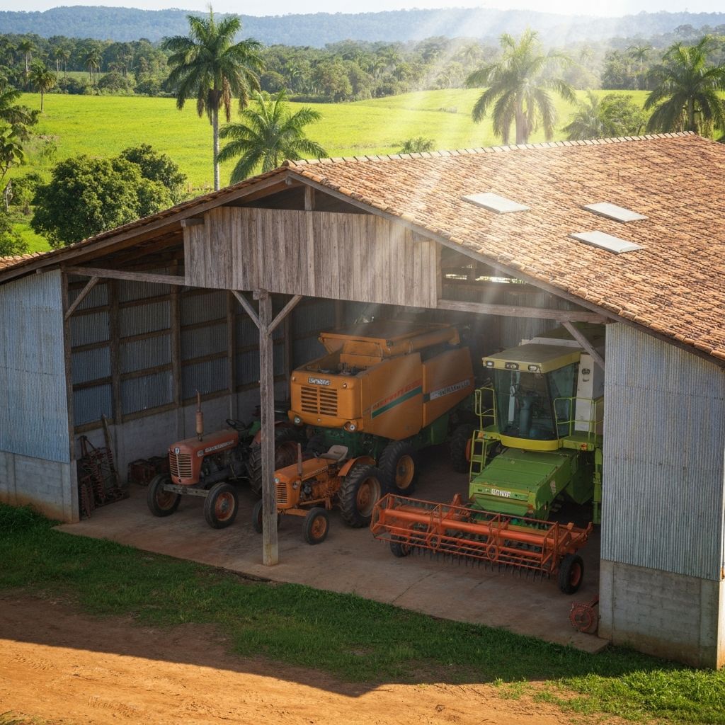 Galpão rural no Brasil com maquinário agrícola e ambiente ensolarado